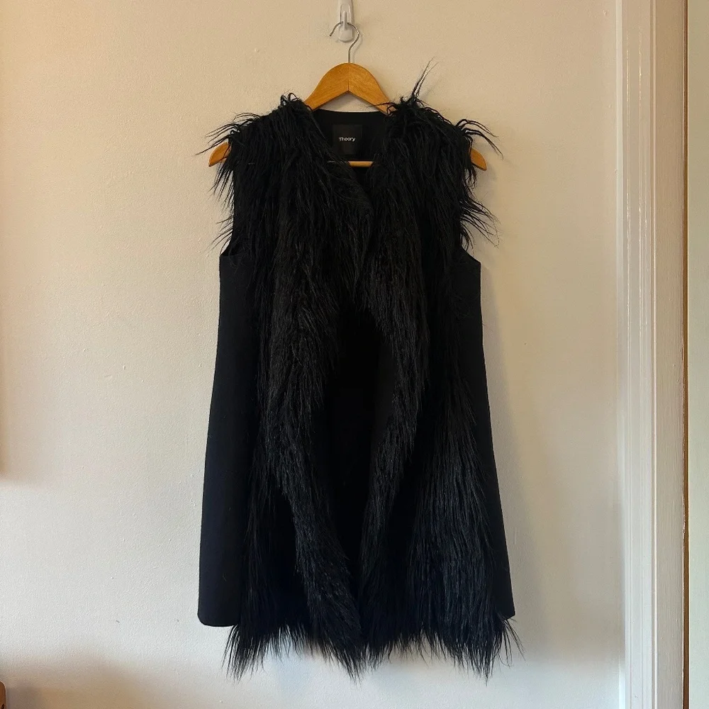 Theory Nyma Shaggy Long Vest in Black Faux Fur | Size Small - Picture 2 of 9